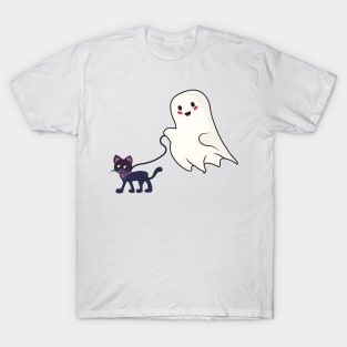 Cute ghost walking a vampire cat T-Shirt